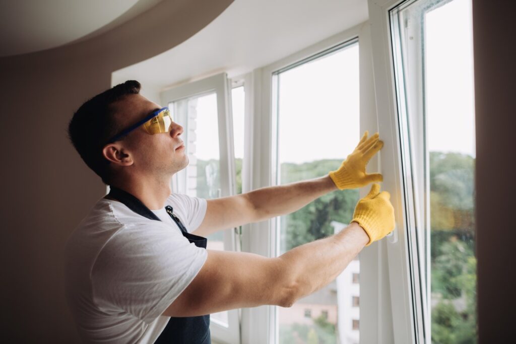 A man in protective glasses and work gloves fixing a window from the inside of a home.