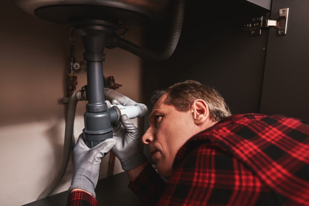 A man wearing work gloves closely inspecting the plumbing system underneath a sink.